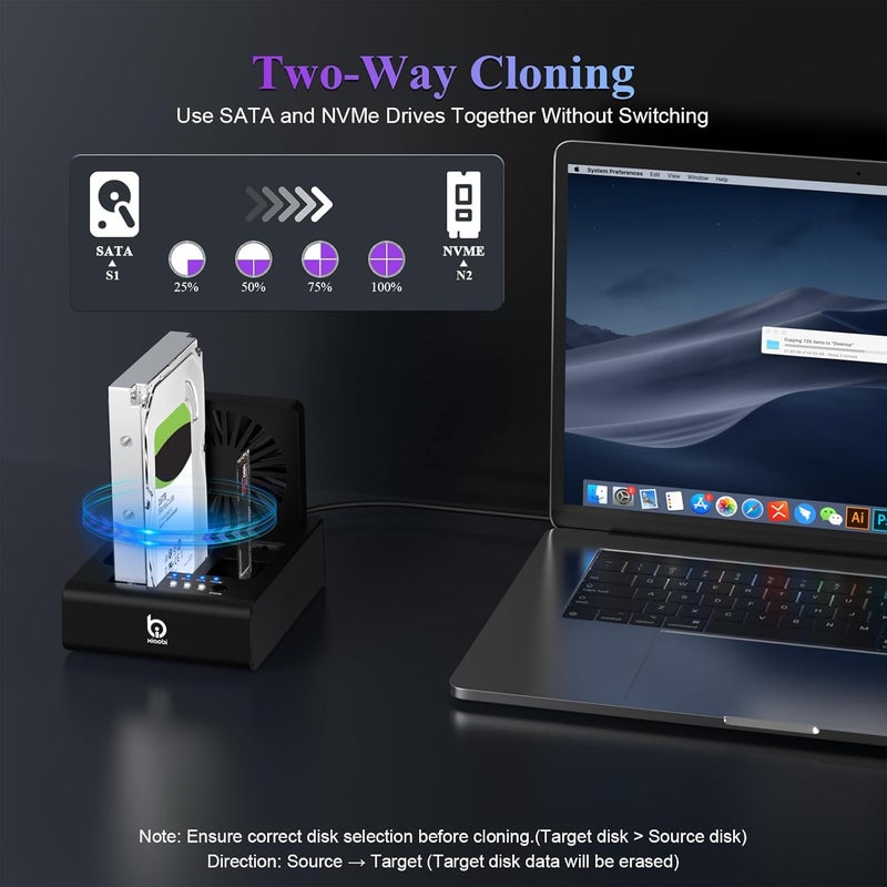 xiaobi M.2 NVMe & SATA Hard Drive Docking Station, USB C 10Gbps Hard Drive cloner for M.2 PCIe NVMe + SATA 2.5”/3.5” HDD Converter, Offline Cloning, Tool-Free, Cooling Fan - Image 5
